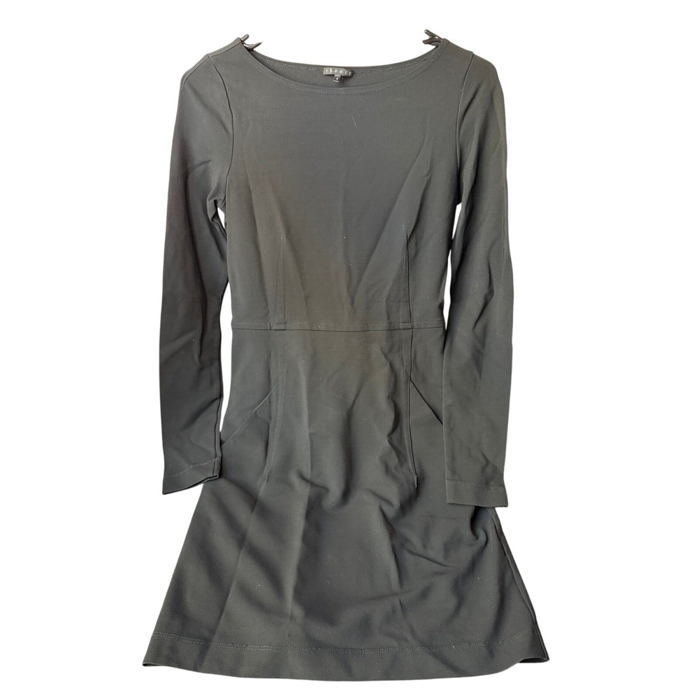 Theory Long Sleeve Dress Women 4 Black Boat Neck Pockets Minimalist Career LBD